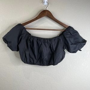 Staud Womens Black Cropped Top Size Small‎ Off The Shoulder Puff Sleeve Boho
